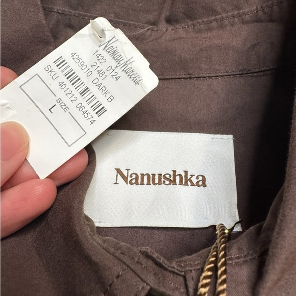 🤎 Nanushka Brown Laser-Cut Cotton Poplin Shirt Dress L Button Front Western🤎‎ - Picture 6 of 7